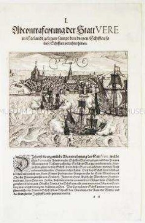 Abbildung der Stadt Veere in Zeeland mit den drei Schiffen - Tafel 47 aus de Bry, India II