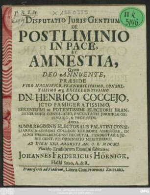 Disputatio Iuris Gentium, De Postliminio In Pace, Et Amnestia