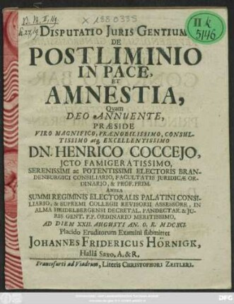 Disputatio Iuris Gentium, De Postliminio In Pace, Et Amnestia