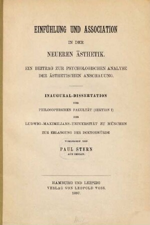 Einfühlung und Association in der neueren Ästhetik : ein Beitrag zur psychologischen Analyse der ästhetischen Anschauung
