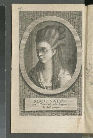 Bildnis der Schauspielerin Johanna Sacco, geb. Richard, als "Eugenie" : Geyser, Christian Gottlieb: Bildnis der Schauspielerin Johanna Sacco, geb. Richard als "Eugenie", Frontispiz. Kupferstich; 108 x 64 mm (Blattgröße). wohl 1777. Aus: Reichard, Heinrich August Ottokar: Theater-Kalender, auf das Jahr 1778. Gotha, Carl Wilhelm Ettinger. Dresden: SLUB Dramat.234