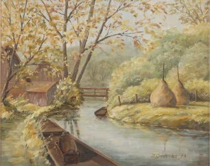 Ingrid Groschke - Spreewaldmotiv mit Kahn und Heufudern, Herbststimmung
