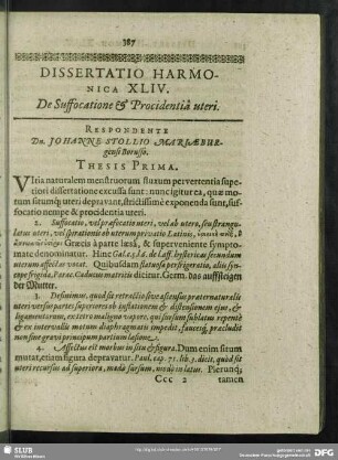 Dissertatio Harmonica XLIV. De Suffocatione & Procidentia uteri