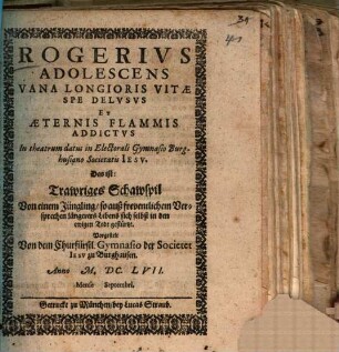 Adolescens Vana Longioris vitae spe delusus et aeternis flammis addictus : [Periocha, Burghausen]