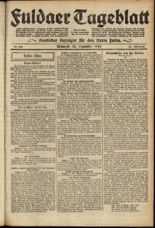 Erste Ausgabe vom Mittwoch, den 22. Dezember 1920.