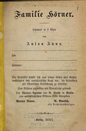 Familie Hörner : Schwank in 3 Akten