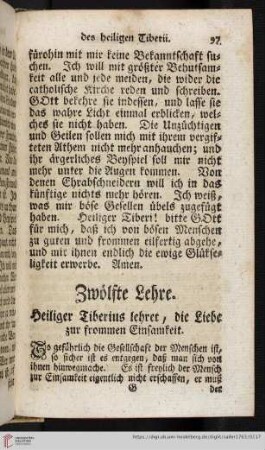Zwölfte Lehre. Heiliger Tiberius lehret, die Liebe zur frommen Einsamkeit