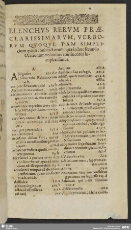 Elenchus Rerum Praeclarissimarum, Verborum Quoque Tam Simplicium quam coniunctorum, quae in hoc secundo Orationum volumine continentur locupletissimus