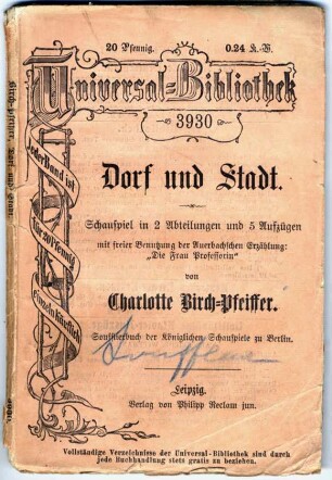 Textheft des Dramas "Dorf und Stadt" - als Soufflierbuch genutzt