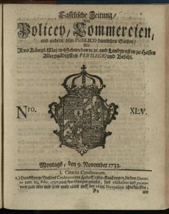 Nro. XLV, Montags, den 9. November 1733