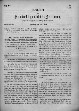 Beiblatt zur hamburgischen Handelsgerichts-Zeitung No. 17. Elfter Jahrgang. Hamburg, 14. Mai 1878.