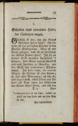 V. Schreiben eines vornehmen Herrn, der Ländereyen vergab.