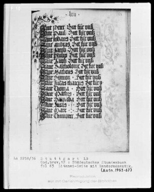 Deutsches Gebetbuch (Waldburg-Gebetbuch) — Litaneiseite mit Initiälchen S und Randornamentik, Folio 63recto