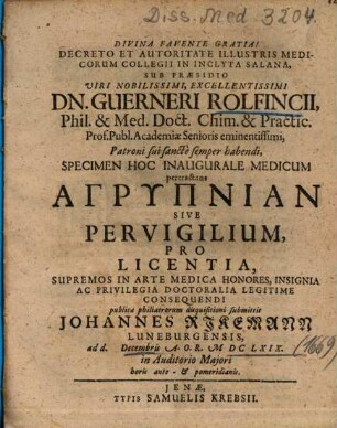 Specimen Hoc Inaugurale Medicum pertractans Agrypnian Sive Pervigilium