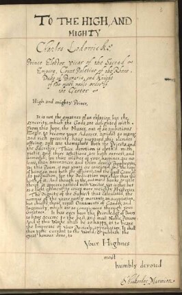 Widmung an den späteren Kurfürst Karl Ludwig von der Pfalz (reg. 1648-1680) und Bitte um Approbation