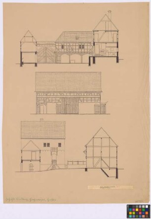 Hoch-Weisel ([Landkreis Friedberg]): Gehöft Werner- Stall (Querschnitt, Seiten-Ansicht). - Kuhstall (Querschnitt, Seiten-Ansicht). - Wohnhaus (Seiten-Ansicht, Querschnitt). - Futterboden (Querschnitt)