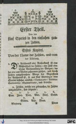 Erster Theil. Von den fünf Species in den einfachen ganzen Zahlen.