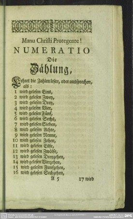 Numeratio Die Zählung, Lehret die Zahlen lesen, oder aussprechen