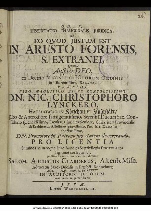 Dissertatio Inauguralis Iuridica, De Eo Quod Iustum Est In Aresto Forensis, S. Extranei