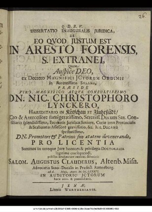 Dissertatio Inauguralis Iuridica, De Eo Quod Iustum Est In Aresto Forensis, S. Extranei