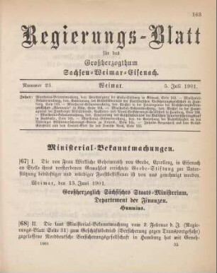 67. Ministerial-Bekanntmachung, betreffend Genehmigung der Grebe-Stiftung in Eisenach