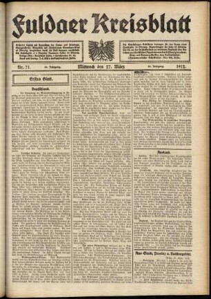 Erste Ausgabe vom Mittwoch, den 27. März 1912.