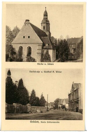 Gröden. Kirche, Schule, Dorfstraße und Gasthof