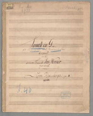 Sonate in g-moll JWV 40 - BSB Mus.ms. 4733 : Beiliegend: Violoncellostimme mit Widmung (Josef Werner)