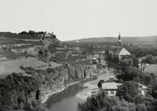 Bad Kreuznach, Stadtansicht : Bad Kreuznach. Stadtansicht mit Kauzenberg, Nahe- und Wilhelmsbrücke und Pauluskirche. Blick nach Ostsüdost