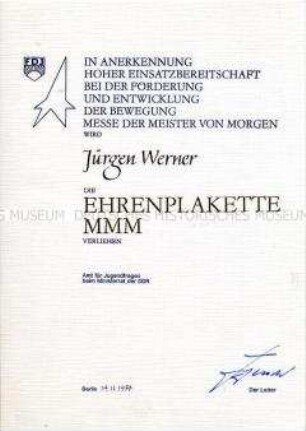 Urkunde zur Ehrenplakette der "Messe der Meister von Morgen"