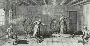 Der Tuchmacher (Garnherstellung - Krempeln, Spinnen u. Messen des Kettfadens), 1766