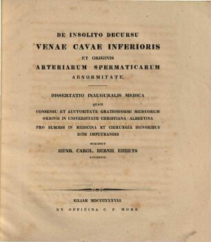 De insolito decursu venae cavae inferioris et originis arteriarum spermaticarum abnormitate : Diss. inaug. med.