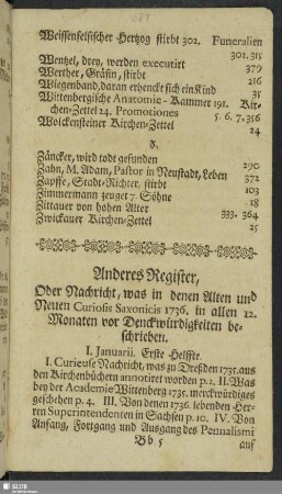 Anderes Register, Oder Nachricht, was in denen Alten und Neuen Curiosis Saxonicis 1736. in allen 12. Monaten vor Denckwürdigkeiten beschrieben