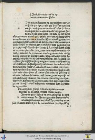 Capitulum primum recitans opiniones antiquorum de essentia comete et eius causis.