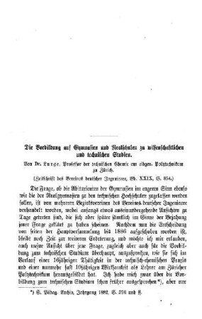 Die Vorbildung auf Gymnasien und Realschulen zu wissenschaftlichen und technischen Studien