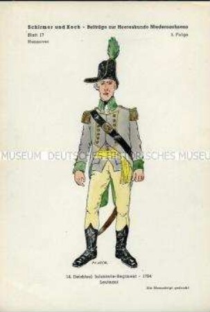 Uniformdarstellung, Leutnant des 14. Leichten Infanterie-Regiments, Kurfürstentum Hannover, 1794.