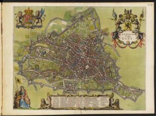 Stadtplan von Gent, 1:10 500, kolorierter Kupferstich, 1649 : Gandavum Vulgo Gent . [Ca. 1:10 500] / [Amsterdam] : [Joan Blaeu], [1649]. - 1 Plan : Kupferst. ; 51,8 x 40,6 cm. - Mit zwei Wappen. - Mit Gebäudeverz. - Vermutl. aus: Novum Ac Magnum Theatrum Urbium Belgicae Foederatae. [Teil 2] : Ad praesentis temporis faciem expressum / a Ioanne Blaeu, Amstelaedamensi