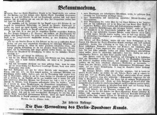 Bekanntmachung. Derjenige Theil des Berlin=Spandauer Kanals [...] (Sammlung Friedlaender)