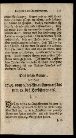 Das sechste Kapitel, betreffend 1749. vom 9. des Augustmonats bis zum 18. des Herbstmonats
