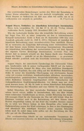 111 [Rezension] Mayer, August, Kritisches zur künstlichen heterologen Insemination