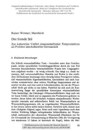 Der fremde Stil: Zur kulturellen Vielfalt wissenschaftlicher Textproduktion als Problem interkultureller Germanistik