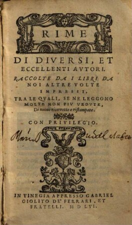 Rime di diversi eccelentissimi Autori in vita ... d. ill. S. Livia Columnae