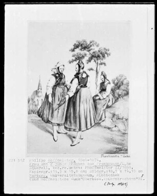Oberhessische Bauerntrachten für den Verein für hessische Geschichte und Landeskunde — Frau und zwei junge Mädchen aus Fronhausen, Folio 5
