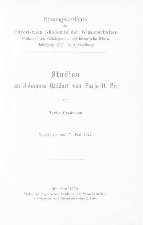 Studien zu Johannes Quidort von Paris O. Pr. : vorgetragen am 17. Juni 1922