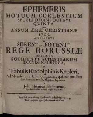 5: Ephemeris motuum coelestium seculi decimi octavi Quinta ad annum aerae christianiae 1705.