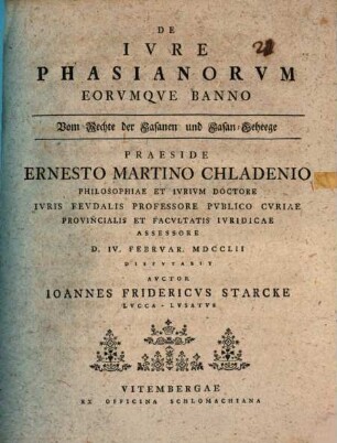 De ivre phasianorvm eorvmqve banno, Vom Rechte der Fasanen und Fasan-Geheege