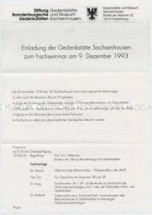 Einladung zu einem Seminar der Gedenkstätte Sachsenhausen anlässlich des Brandanschlages auf die Gedenkstätte
