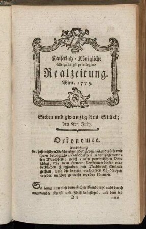 Sieben und zwanzigstes Stück; den 6ten July. Wien, 1775.