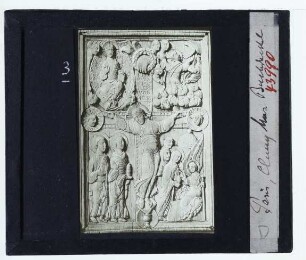 ottonisch, Elfenbeinrelief, Kreuzigung, Frauen am Grabe, Himmelfahrt (Paris MNMA Cl. 13064)