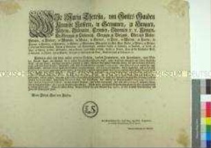 Verordnung von Maria Theresia, Kaiserin des Heiligen Römischen Reiches bezüglich des Umgangs mit Deserteuren bzw. Soldaten ohne Entlassungspapiere